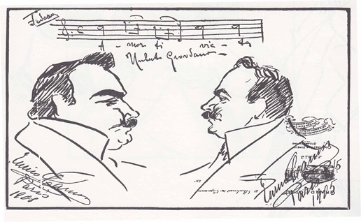 Caricatura disegnata da Caruso che ritrae se stesso in compagnia di Umberto Giordano ASSOCIAZIONE CULTURALE “ENRICO CARUSO”: A CASAGIOVE LE PREMIAZIONI DI ARTISTI 
