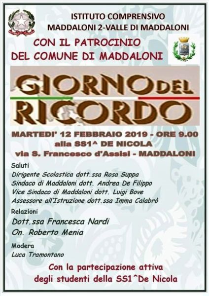 IMG 20190211 WA0006 GIORNATA DEL RICORDO DOMANI  ALLISTITUTO MADDALONI 2 VALLE DI MADDALONI