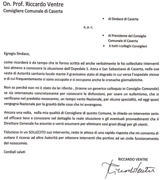 LETTERA VENTRE DEGRADO OSPEDALE DI CASERTA: VENTRE SOLLECITA NUOVAMENTE IL SINDACO