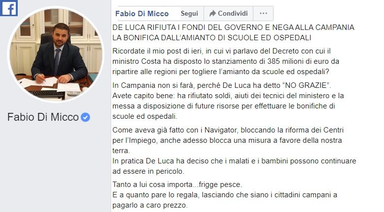 DI MICCO e1579206425483 IL SENATORE 5S DI MICCO DENUNCIA: DE LUCA DICE NO AI FONDI PER BONIFICA AMIANTO IN SCUOLE E OSPEDALI