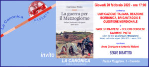 Invito PINTO CORVESE 20feb2020 300x135 LA CANONICA, INCONTRO SU UNIFICAZIONE ITALIANA E DELLA REAZIONE DEL MEZZOGIORNO