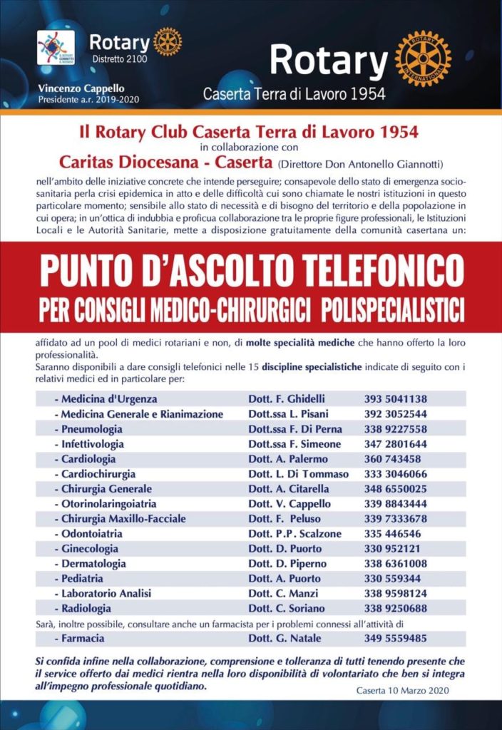 %name ROTARY CLUB CASERTA, ATTIVO IL PUNTO DI ASCOLTO TELEFONICO PER CONSIGLI DI MEDICINA POLISPECIALISTICA