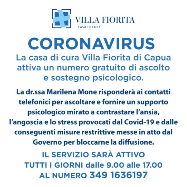 locandina attivazione numero supporto psicologico anticoronavirus clinica villa fiorita capua scaled COVID 19, ATTIVO CENTRO TELEFONICO GRATUITO DI ASCOLTO E SOSTEGNO PSICOLOGICO