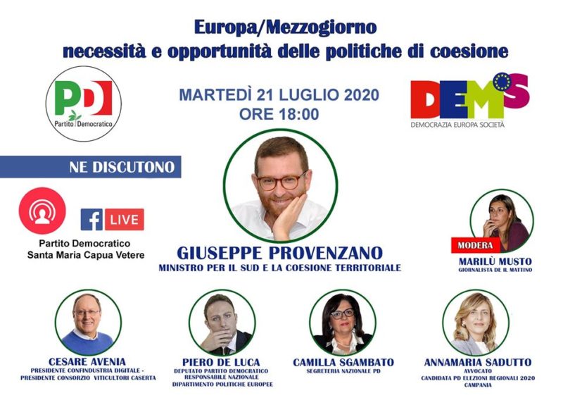 BANNER INCONTRO CON MINISTRO PROVENZANO scaled “EUROPA/MEZZOGIORNO, NECESSITÀ E OPPORTUNITÀ DELLE POLITICHE DI COESIONE”, ALLE 18 SU FACEBOOK INCONTRO CON IL MINISTRO PER IL SUD PROVENZANO