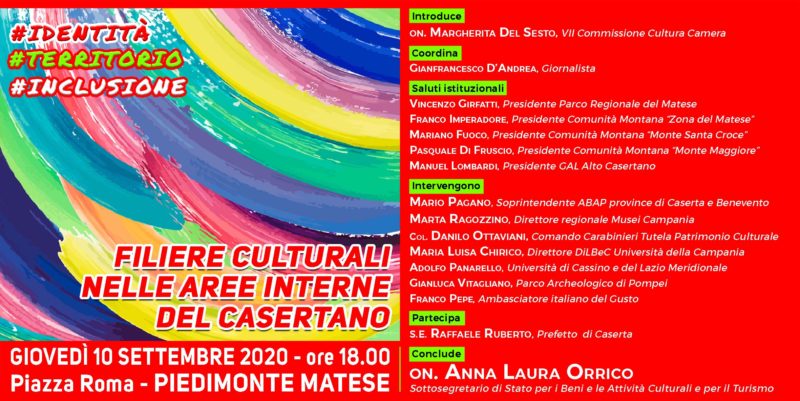 MDS Invito convegno Beni culturali 10092020 def LR scaled PIEDIMONTE MATESE, CONVEGNO IDENTITÀ. TERRITORIO. INCLUSIONE. FILIERE CULTURALI NELLE AREE INTERNE DEL CASERTANO