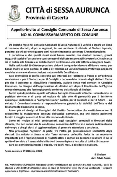 manifesto sasso scaled SILVIO SASSO…VERSO IL 29, LANCIA UN APPELLO. IN VISTA DELLA MOZIONE DI SFIDUCIA, SI TENTA LA CARTA DEL PIETISMO!