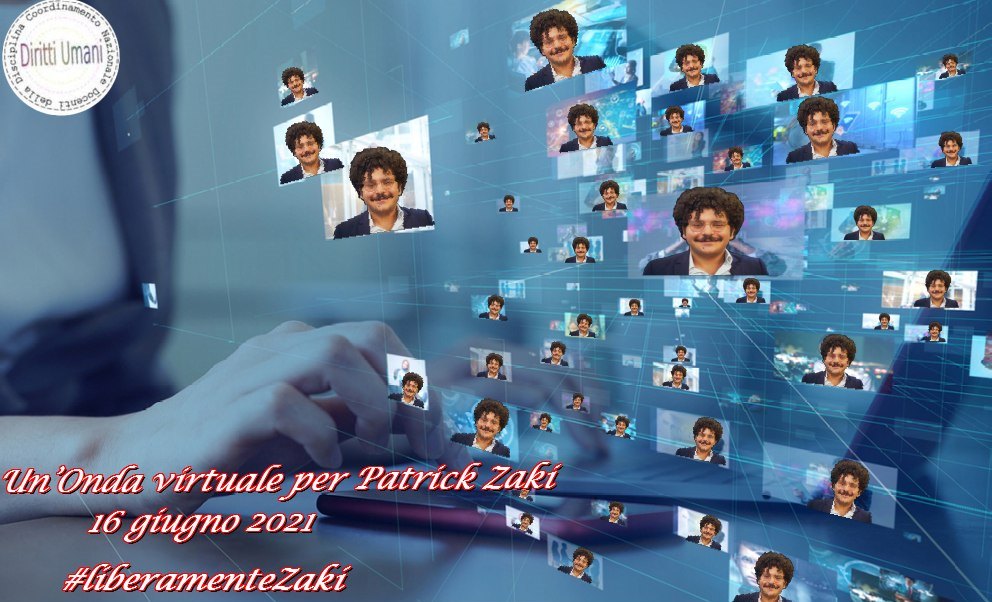 Locandina Zaki ONDA VIRTUALE DI SUPPORTO WEB LINIZIATIVA DI CNDDU PER LA LIBERAZIONE DI PATRICK ZAKI