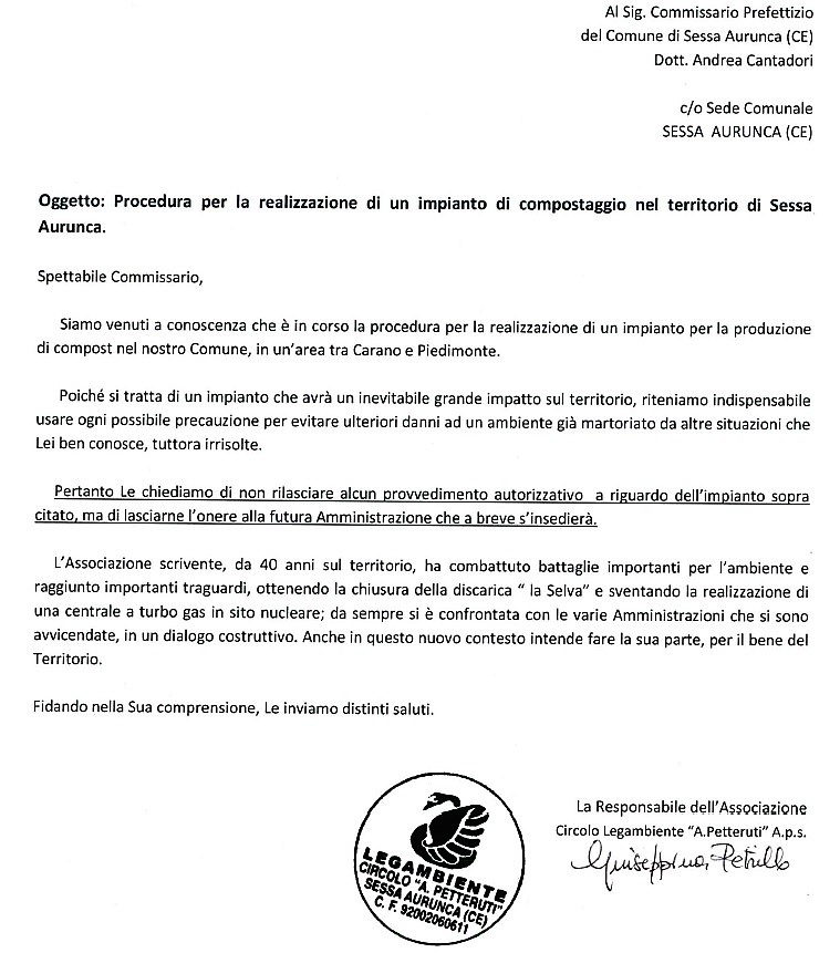 Immagine 7 IMPIANTO DI COMPOSTAGGIO A SESSA AURUNCA, LEGAMBIENTE SCRIVE AL COMMISSARIO CANTADORI