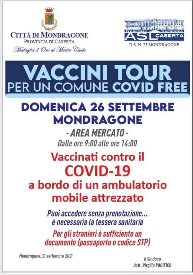 manifesto vaccini mondragone 26 settembre MONDRAGONE, CAMPAGNA VACCINALE: DOMENICA NUOVO APPUNTAMENTO PRESSO LAREA MERCATO