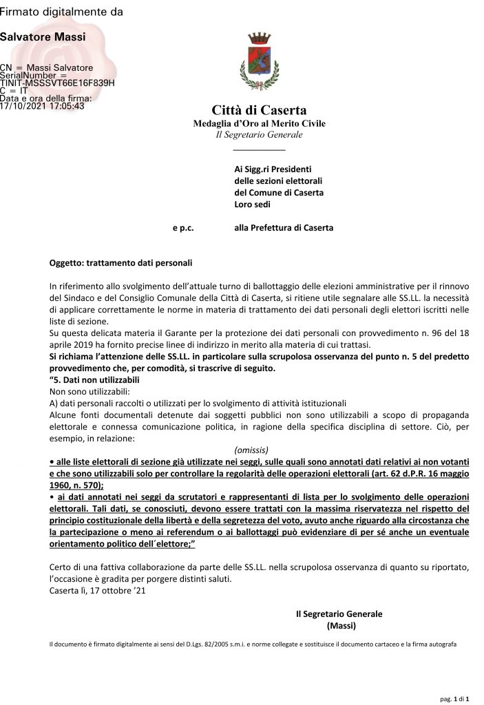 avviso presidenti di seggio signed 703x1024 BALLOTTAGGIO, NOTA DEL SEGRETARIO MASSI AI PRESIDENTI DI SEGGIO