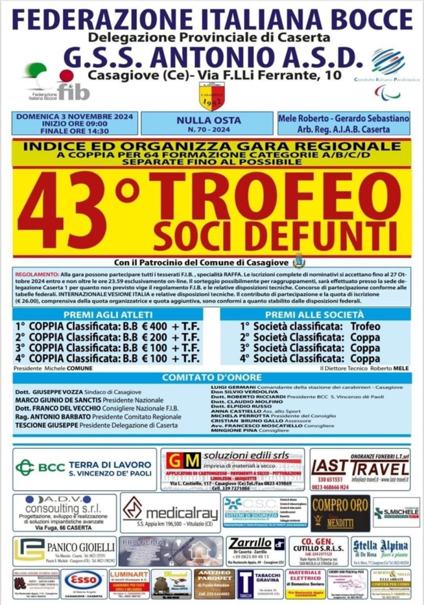 LOCANDINA 1 CASAGIOVE, AL CIRCOLO DI SANTANTONIO “43° TROFEO SOCI DEFUNTI”