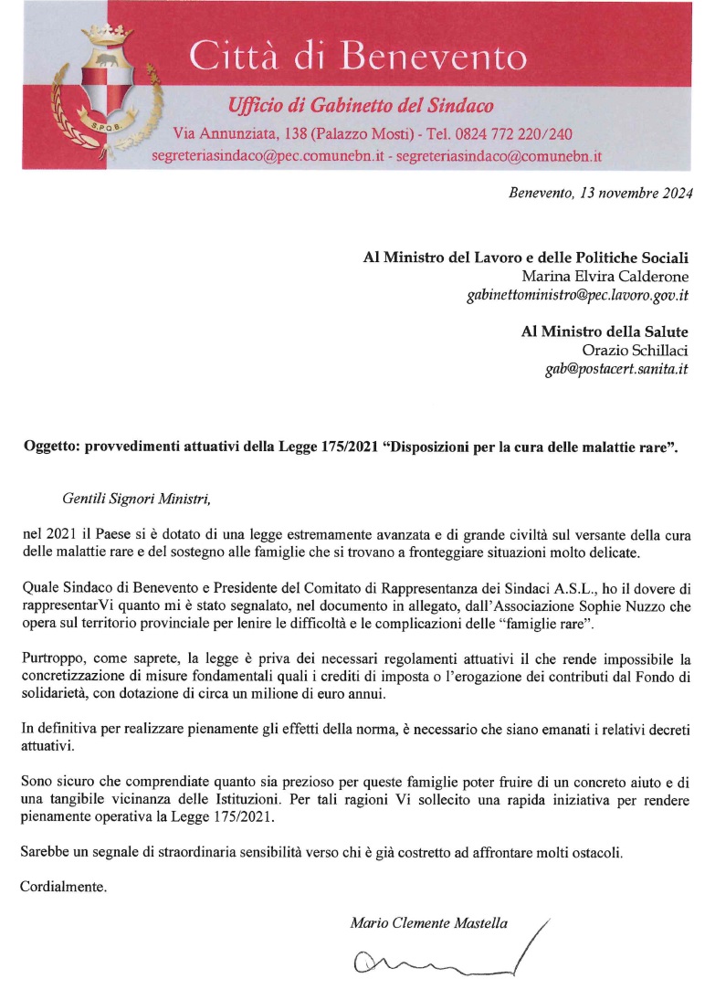 lettera mastella BENEVENTO: MALATTIE RARE, L’IMPEGNO DEL SINDACO MASTELLA