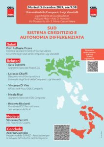 locandina SUD AGGIORNATA 212x300 SUD SISTEMA CREDITIZIO E AUTONOMIA DIFFERENZIATA, IL CONVEGNO DI FISAC/CGIL CASERTA E BENEVENTO